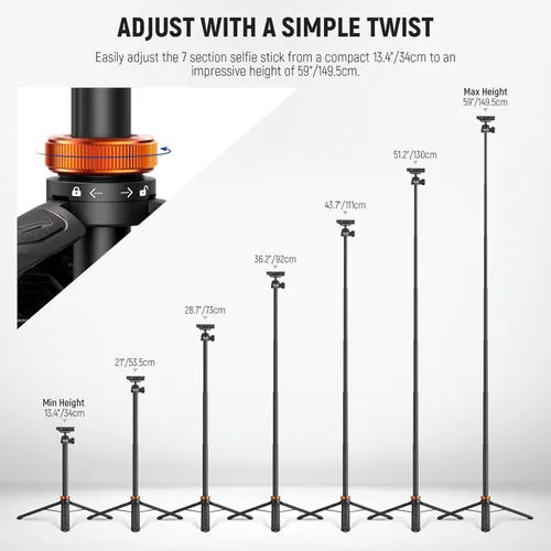 Miniatura 4 de NEEWER Basics Trípode selfie stick de 150 cm compatible con iPhone, cámara DLSR, Canon, Sony, pequeño soporte de mesa de metal portátil