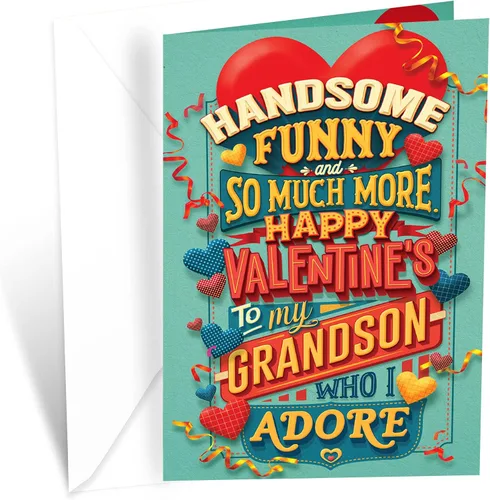 Prime Greetings Tarjeta del día de San Valentín para nieto, hecha en Estados Unidos, ecológica, tarjeta gruesa con sobre de alta calidad de 5 x 7.75