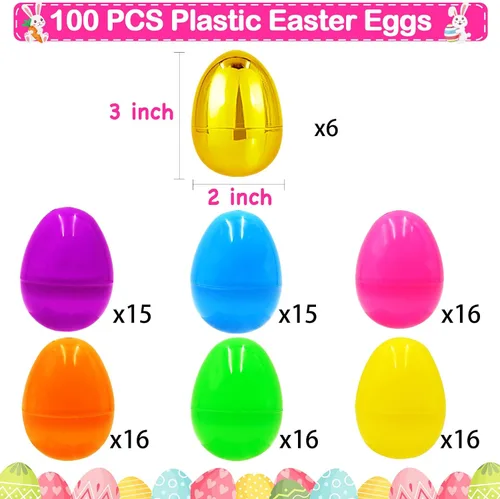 Miniatura 7 de Olixmlya [6 huevos dorados] 100 huevos de Pascua de plástico rellenables de 3 pulgadas, huevos de Pascua vacíos, huevos de plástico coloridos a