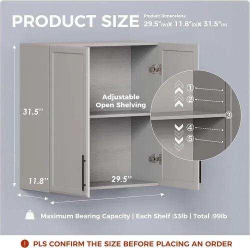 Miniatura 3 de Furnaza Armario de Pared para Lavandería de 30" de Ancho con Estante Ajustable, Armarios de Cocina Montados en la Pared con Dos Puertas Shaker