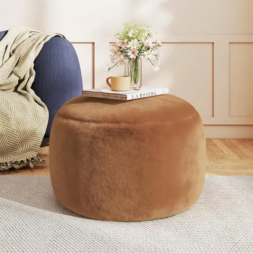 Miniatura 13 de Puf otomano redondo de relleno, pufs de piel sintética con relleno de espuma viscoelástica, otomanas para sala de estar, guardería, dormitorio, Gris