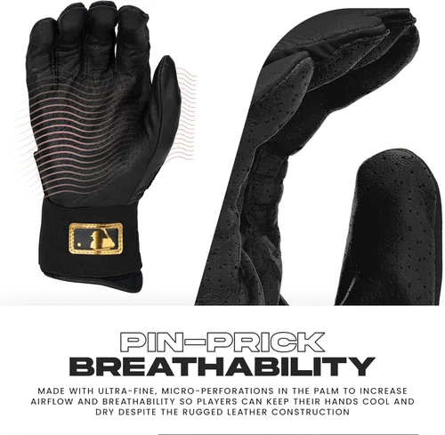 Miniatura 4 de Franklin Sports MLB - Guantes de bateo Infinite Powerstrap para béisbol + sóftbol de puño largo, para adultos y jóvenes Negro/Dorado