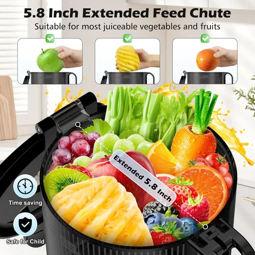 Miniatura 5 de Máquinas exprimidoras con canal de alimentación grande de 5.8 pulgadas, exprimidor de prensa en frío para verduras y frutas enteras de 400 W, Gris