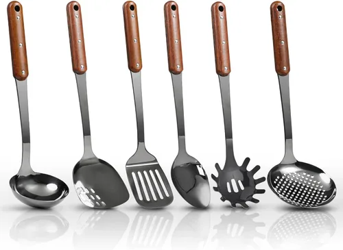 Miniatura 6 de Juego de utensilios de cocina de acero inoxidable pulido con espejo, juego de 6 utensilios de cocina con mango de madera, juego de herramientas