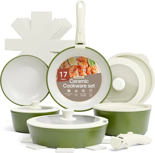 Miniatura 13 de Juego de ollas y sartenes antiadherentes de cerámica de granito – 15 piezas de utensilios de cocina con asas desmontables, apilables, ahorro