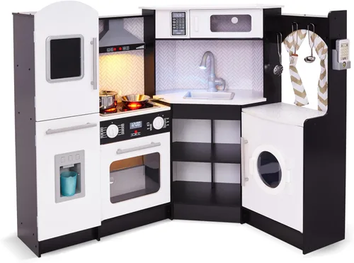Lil' Jumbl Juego de cocina de esquina para niños, cocina de lujo de madera de simulación, máquina de hielo a pilas, estufa y grifo con sonido Negro