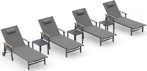 Miniatura 51 de Ciokea Sillón para exteriores con almohada, tumbona de aluminio de 5 posiciones con ruedas y reposabrazos, silla de piscina resistente de 400 libras