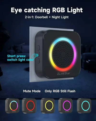 Miniatura 3 de Kit de timbre inalámbrico, timbre autoalimentado sin batería, rango de 600 pies, 63 campanas seleccionables, volumen ajustable con luz RGB, timbre