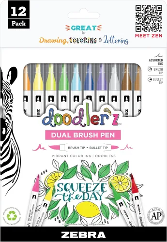 Zebra Pen, doodler'z - Bolígrafos de doble pincel, colores surtidos, punta de pincel flexible y punta fina para diario, letras a mano, colorear,