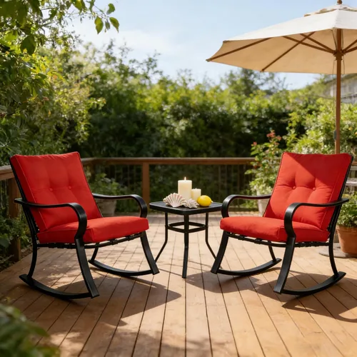 Miniatura 6 de SUNCROWN Juego de 3 sillas mecedoras para exteriores, muebles de acero negro con cojín grueso y mesa de centro de cristal, color rojo