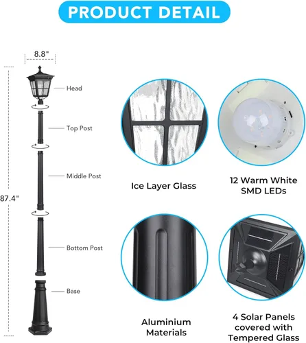 Miniatura 2 de ST4311AC - Lámpara de poste solar brillante para exteriores del atardecer al amanecer, funciona con energía solar para patio, jardín, terraza