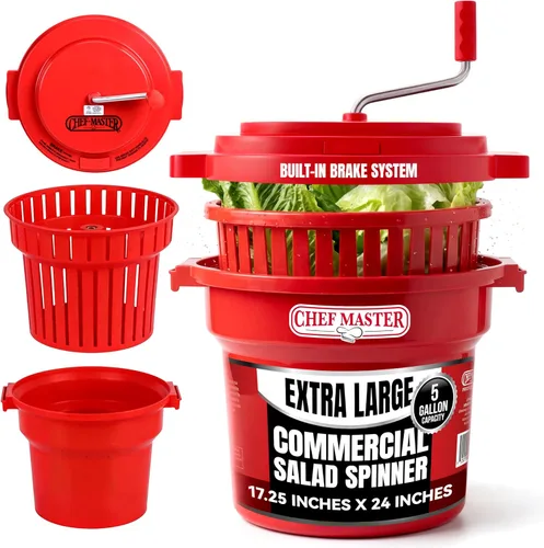 Miniatura 10 de Chef Master - Secador de ensalada comercial de 2.5 galones – Spinner manual de lechuga y lavador de frutas con colador – Caja de cambios sellada