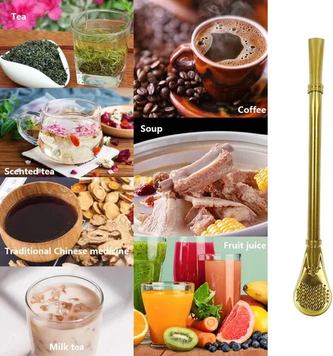 Miniatura 4 de N A Pajitas de acero con cuchara de filtro, paquete de 2 pajitas de té, mate bombilla, barra agitadora de café para té helado, cóctel, con 2