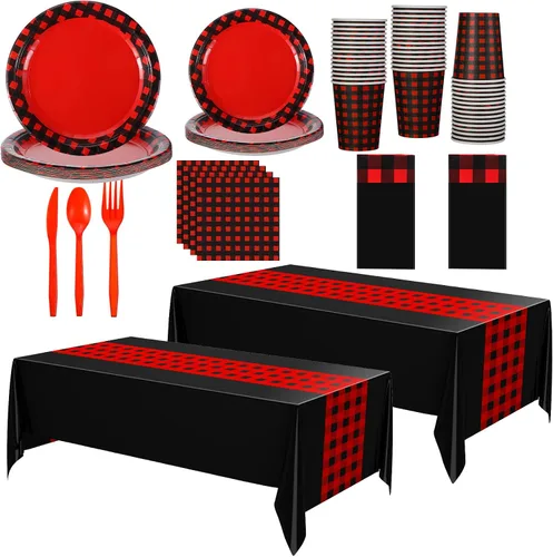 Miniatura 9 de Oudain 162 piezas de suministros de fiesta de Navidad para 20 invitados, 2 manteles a cuadros a cuadros, platos, vasos, servilletas, cuchillos
