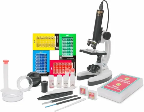 IQCREW - Microscopio prémium de 85 piezas, cámara a color y kit de software interactivo para niños con juego de diapositivas preparadas de 48 piezas