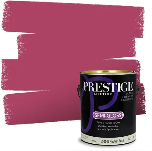 Miniatura 243 de Prestige Paints E100-T-SW6591 Pintura exterior e imprimación en uno, 1 galón, plano, combinación comparable de Sherwin Williams Amaryllis, 1 galón
