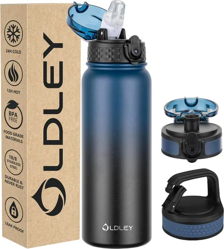 Miniatura 18 de Oldley Botella de Agua Aislada con Pajilla de 20oz, Botellas de Agua de Acero Inoxidable con 3 Tapas, Aislamiento al Vacío de Doble Pared Térmica