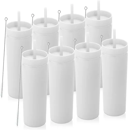 Miniatura 39 de Volhoply Paquete a granel de 4 vasos delgados de plástico de 20 onzas, vaso de doble pared con tapa y popote, taza reutilizable de viaje para café