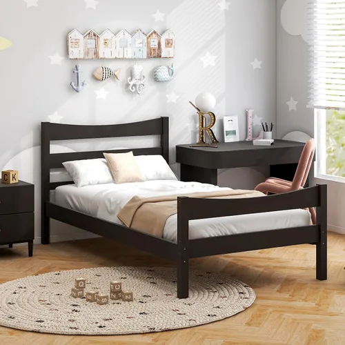 Miniatura 9 de Giantex - Marcos de cama individual de madera con cabecero, cama moderna con plataforma y soporte de listones de madera, espacio de almacenamiento