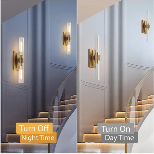 Miniatura 6 de YUYI Juego de dos apliques de pared de latón, 22.8'' apliques de baño dorados con pantalla de vidrio transparente, luces de pared de tocador