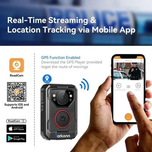 Miniatura 2 de Cámara de cuerpo de policía, 1080P HD cámara desgastada, 64G e IP68, cámara corporal habilitada para GPS con aplicación, batería de 12 horas, visión