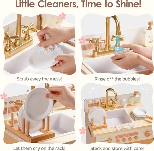 Miniatura 2 de ROBOTIME Fregadero Lavavajillas de Juguete de Madera – Juguete de Cocina de Imitación Color Caramelo con Grifo Dorado, Perillas Giratorias, Estante
