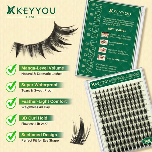 Miniatura 2 de KEYYOU Manga Lash Racimos de 144 unidades, rizo D, 0.315-0.700 pulgadas, extensiones de pestañas naturales para bricolaje, gruesas y finas con banda