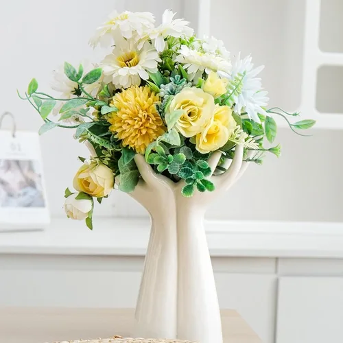 Miniatura 5 de Jarrón de cerámica hecho a mano - Jarrón de flores de tamaño mediano para estantes, mesas y repisas - Elegante escultura de mano para decoración