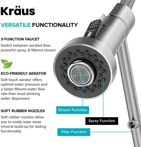 Miniatura 9 de Kraus Bolden 2-en-1 Grifo de cocina de estilo comercial con filtro de agua monomando extraíble para ósmosis inversa o sistema de filtración de agua