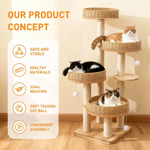 Miniatura 2 de Árbol moderno para gatos de interior para adultos, torre grande para gatos de 54 pulgadas de alto con poste rascador, árbol de madera para gatos