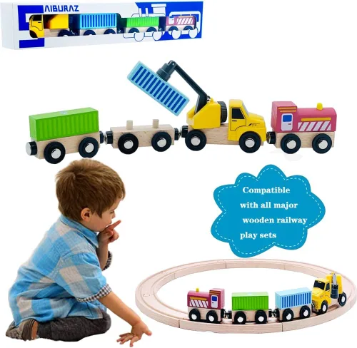Miniatura 5 de Juego de trenes de madera con grúa, juguetes de tren magnético para pistas de tren de madera, conjuntos de trenes para niños pequeños y niños de 3