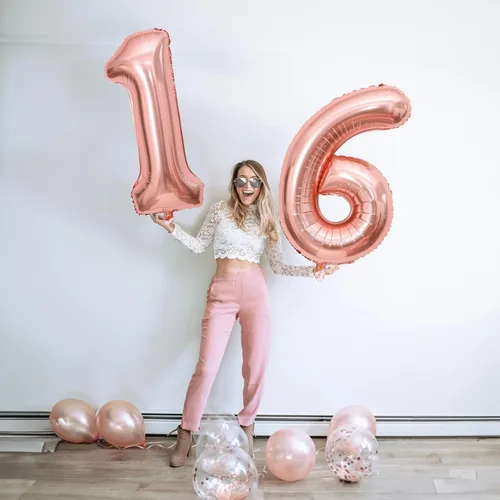 Miniatura 4 de Globos de cumpleaños número 16 para niñas, globos autoinflables de papel de aluminio de 40 pulgadas número 16 con globos de confeti de oro rosa, Oro