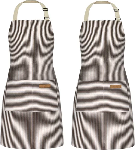 NLUS Paquete de 2 delantales de cocina para mujeres con bolsillos, delantales de cocina ajustables, delantales de chef para mujeres y hombres (rayas