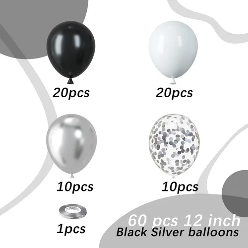 Miniatura 2 de Globos negros y plateados, paquete de 60 globos de 12 pulgadas con confeti negro, blanco y plateado con 1 cinta para decoración de cumpleaños, baby