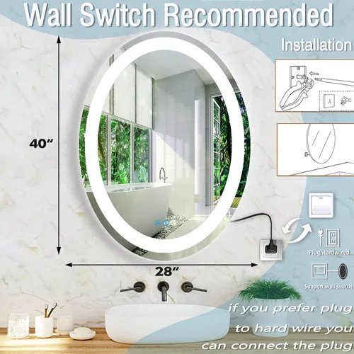 Miniatura 6 de Espejo de baño LED ovalado de 40 x 28 pulgadas con luces LED, espejo de tocador de baño iluminado para pared, espejo de baño antiniebla, 3