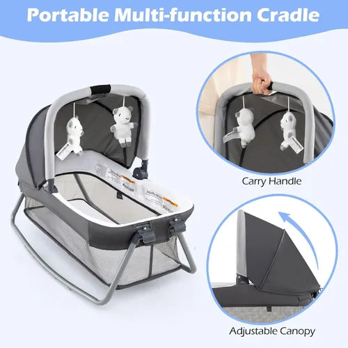 Miniatura 4 de INFANS Paquete y juego 4 en 1, portátil para bebé, niño, corralito de viaje con moisés, colchón, cambiador de pañales, bolsa, música, cesta