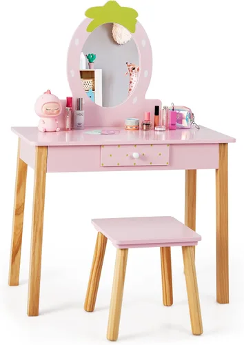 Miniatura 11 de HONEY JOY Juego de tocador para niños, Espejo ovalado de rotación 360 grados, juego de tocador de maquillaje de princesa para niñas pequeñas, juego