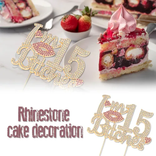 Miniatura 3 de ¡Soy el topper de pastel de cumpleaños número 15 divertido en oro y rosa con strass - ¡Feliz cumpleaños número 15, saludos a los quince años!
