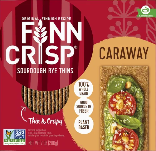 Miniatura 2 de Finn Crisp Finn Crisp - Pan crujiente de centeno con alcaravea de 7 onzas, paquete de 18 panes planos de centeno finos y crujientes, auténtica masa