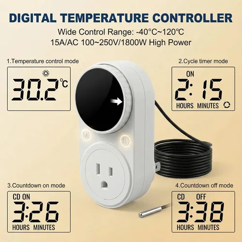 Miniatura 4 de MakerHawk Controlador digital de temperatura, controlador de termostato de 1800 W, 120 V, 15 A, botón giratorio, ajuste de botón de calefacción