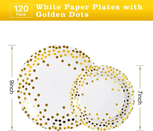 Miniatura 2 de Lullaby 120 piezas de platos de papel blancos, platos de papel dorado desechables, 60 piezas de platos de cena de 9", 60 piezas de platos de postre