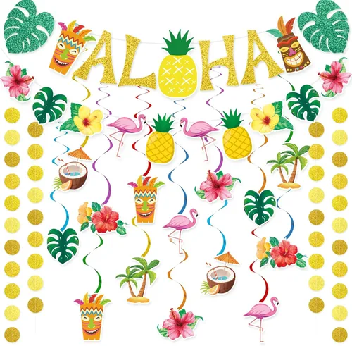 Pancarta hawaiana preencordada para fiesta, decoración grande de flamenco tiki tropical para fiesta de cumpleaños Luau para fiesta de cumpleaños,