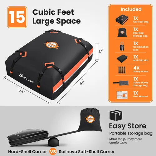 Miniatura 2 de Sailnovo Portaequipajes para techo de automóvil de 15 pies cúbicos, bolsa de techo de PVC 1000D impermeable con alfombrilla antideslizante, bloqueo