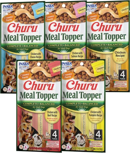 INABA Churu - Decoración de comida para perros, completa y equilibrada, cremosa, para lamer puré para perros, tubo de 0.5 onzas, 20 tubos (4 por