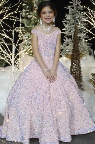 Miniatura 3 de Vestidos de lentejuelas con hombros descubiertos para boda, vestidos brillantes para concursos, vestido de baile, vestido de princesa para niños