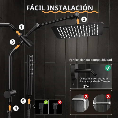 Miniatura 7 de Veken Lujoso cabezal de ducha de lluvia de metal de 10 pulgadas con combo de rociador de mano, cabezales de ducha cuadrados de lluvia de alta Negro