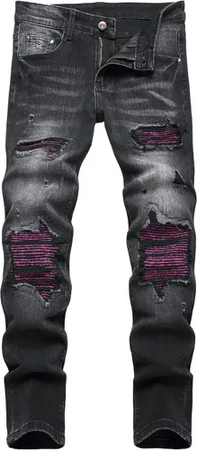 XIMXIMMTIAN Jeans rectos de motociclista para hombre, desgastados, desgastados, ajustados, rectos