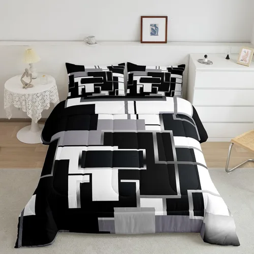 Miniatura 36 de Erosebridal Edredón Cuadrado para Niños y Niñas, Juego de Ropa de Cama Negro y Gris Blanco Azul Marino, Juego de Edredón Geométrico Completo