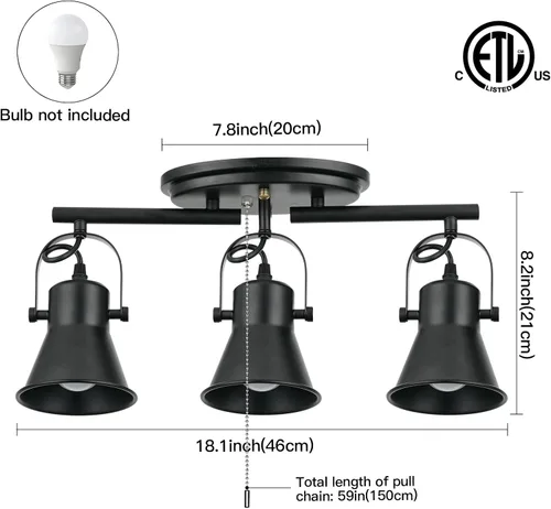 Miniatura 2 de Iluminación de pista de 3 luces con cadena de tracción, lámpara de techo ajustable negra, accesorios de iluminación de pista giratoria para cocina