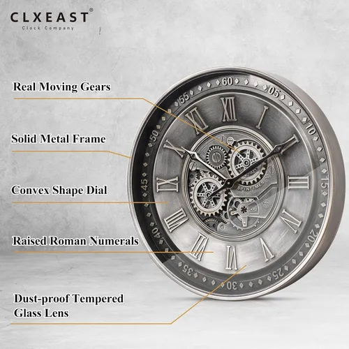Miniatura 2 de CLXEAST Reloj de pared grande de 24 pulgadas con engranaje móvil para decoración de sala de estar, relojes de pared con números romanos de metal